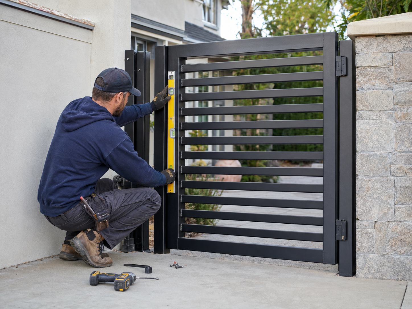 Black steel driveway gate at a residential property