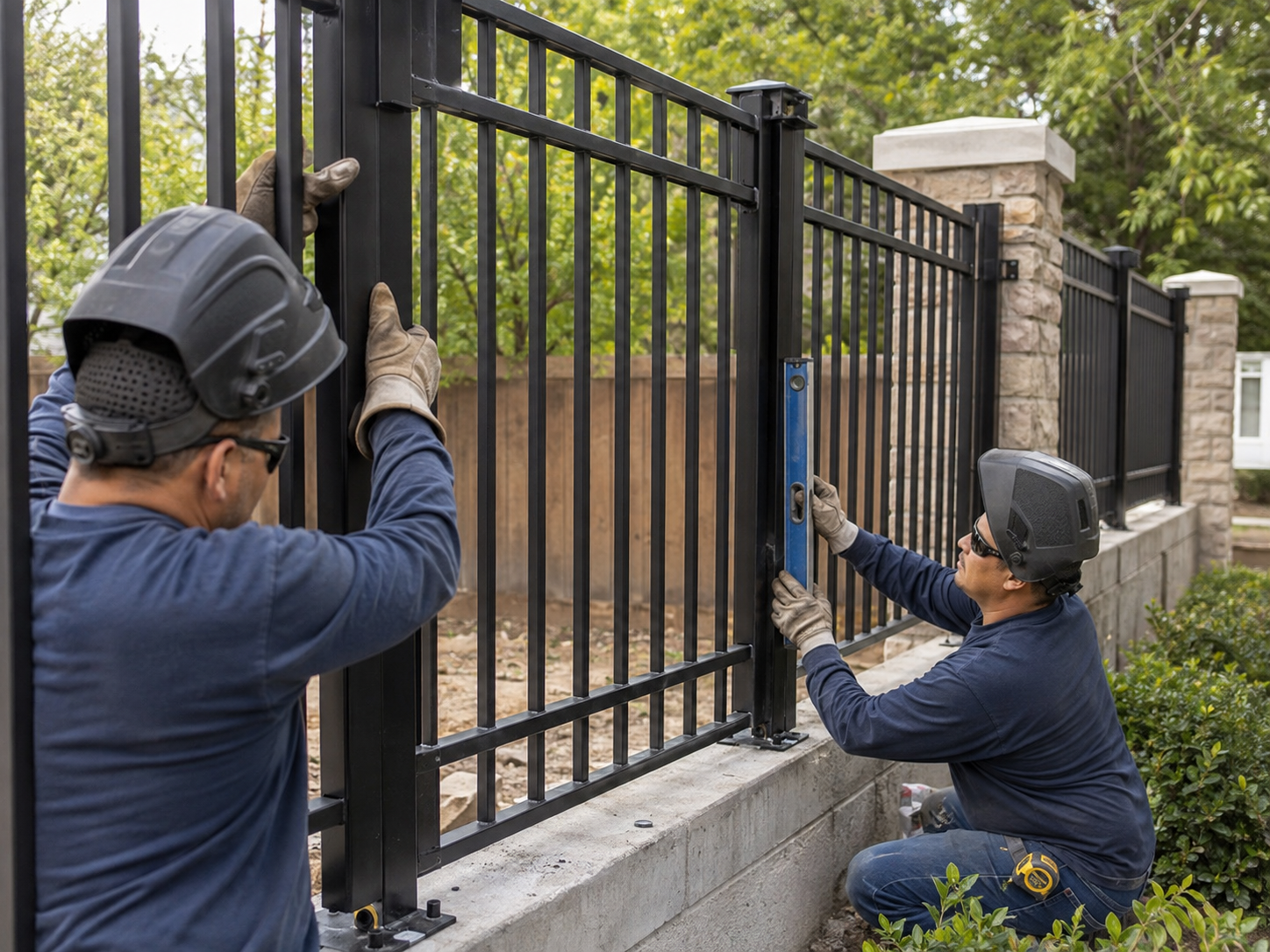 Black metal fencing running along a property boundary