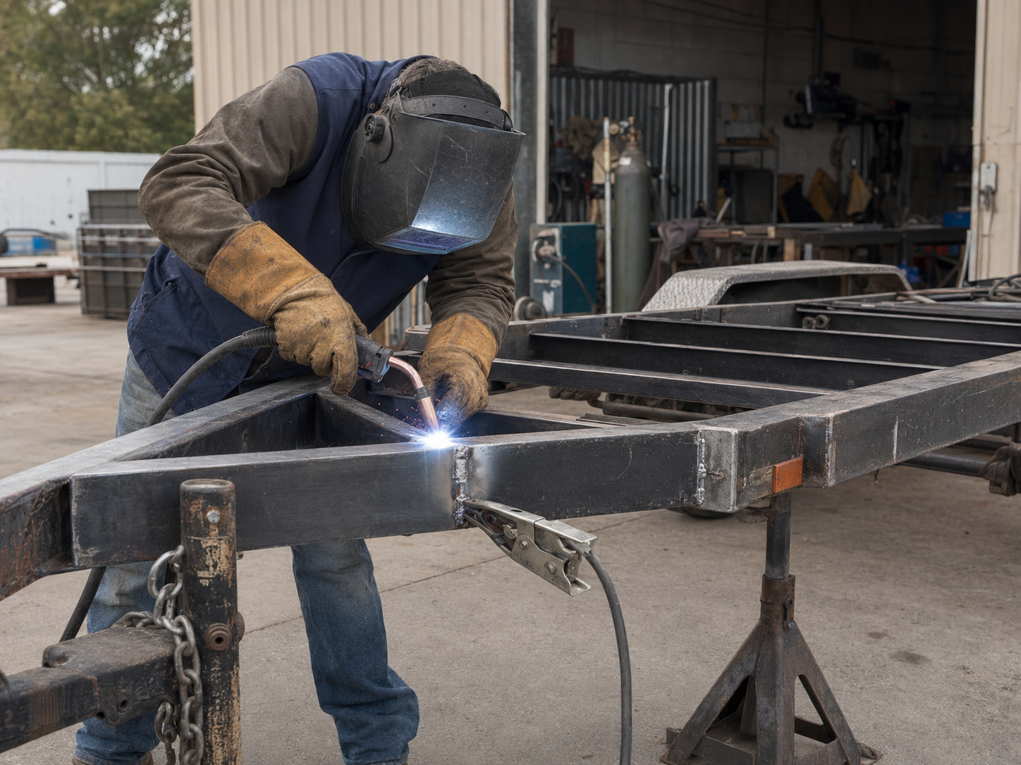 Steel trailer frame with welded reinforcement in a shop