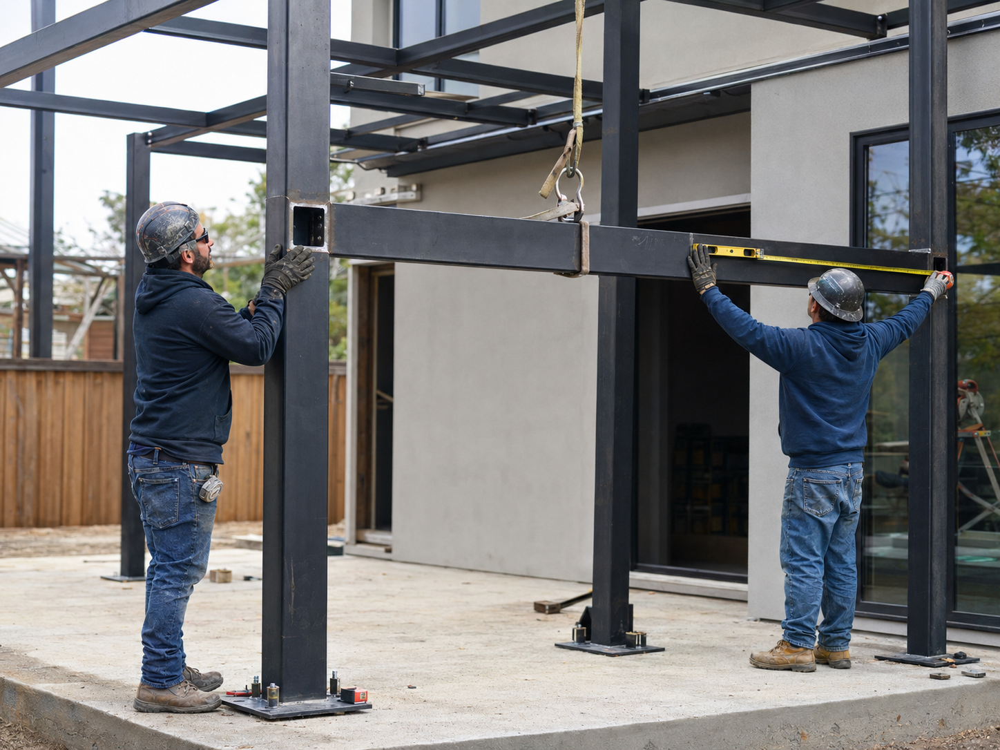 Custom welded steel frame structure in a fabrication yard